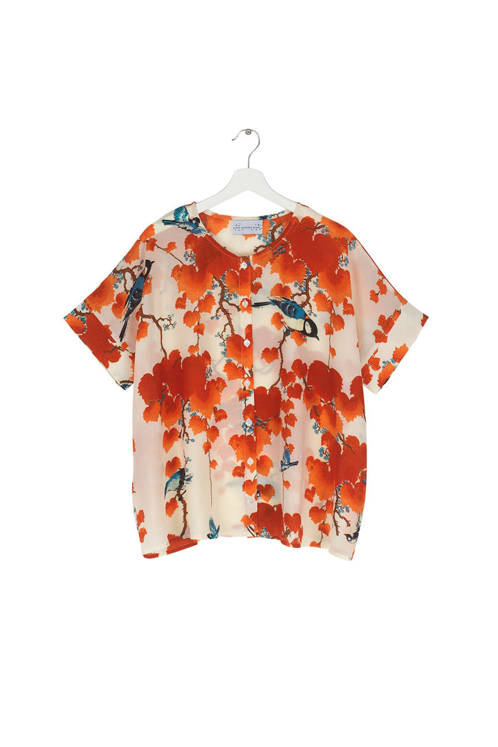 Women's short sleeve button up blouse in acer red print by One Hundred Stars
