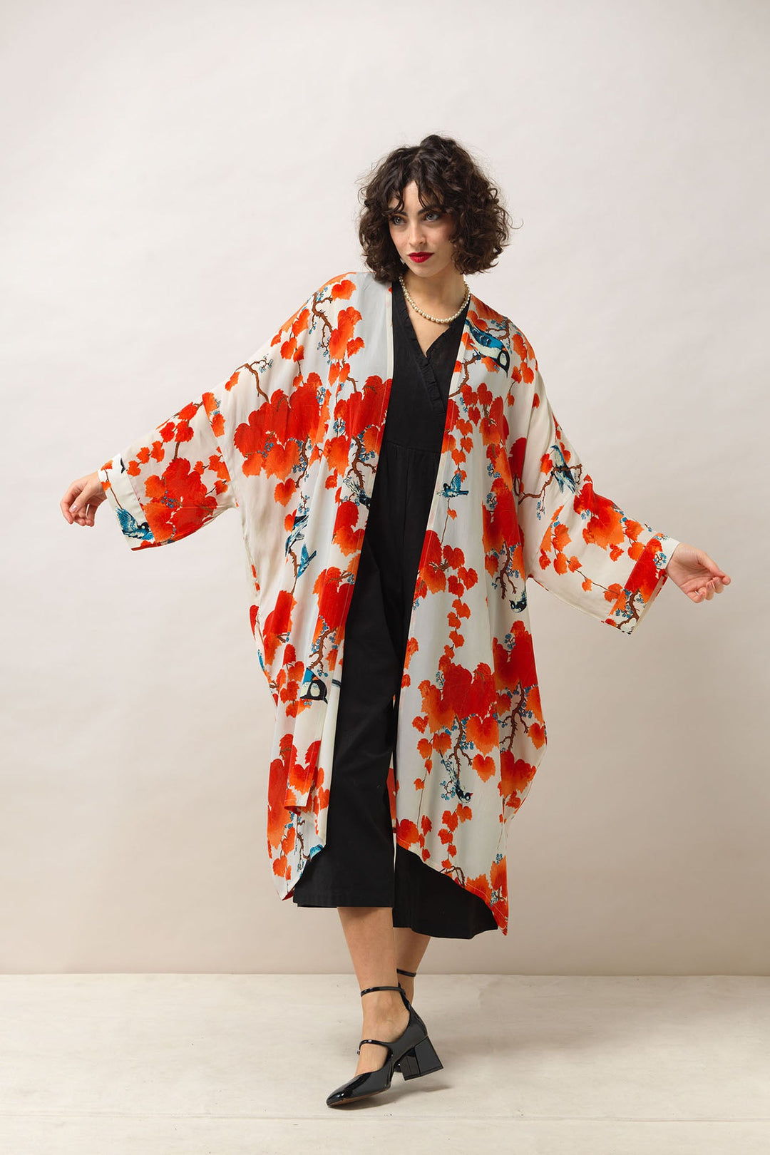 Women's grande kimono in acer red print by One Hundred Stars