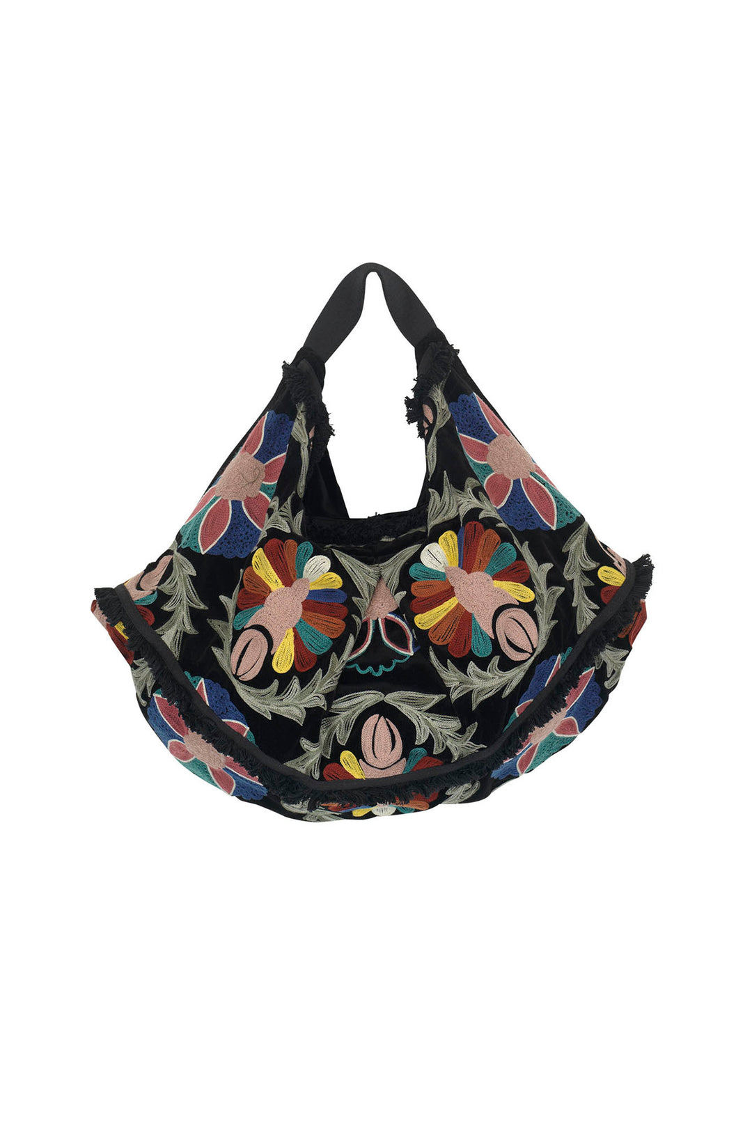 Embroidered Black Velvet Slouch Bag