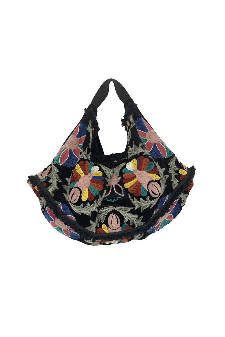 Embroidered Black Velvet Slouch Bag