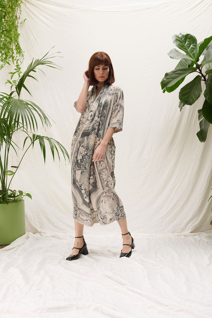 elegant drape dress by one hundred stars with antique print