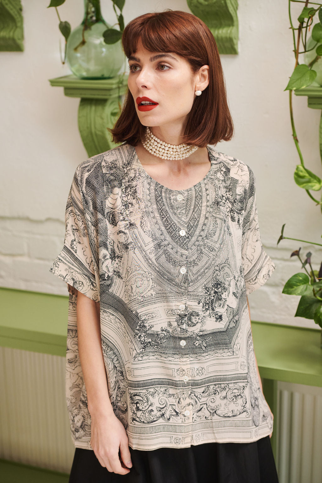 Vintage pictorial print in neutral colours on a beautiful button front blouse by One Hundred Stars