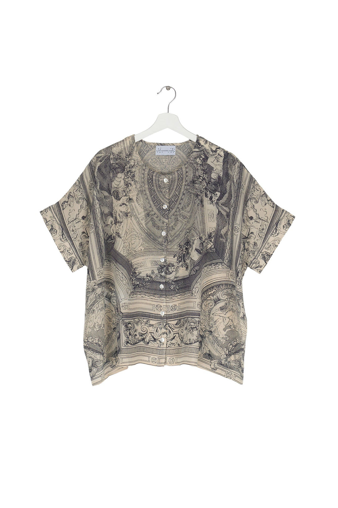 Women's short sleeve button up blouse in cherub print by One Hundred Stars