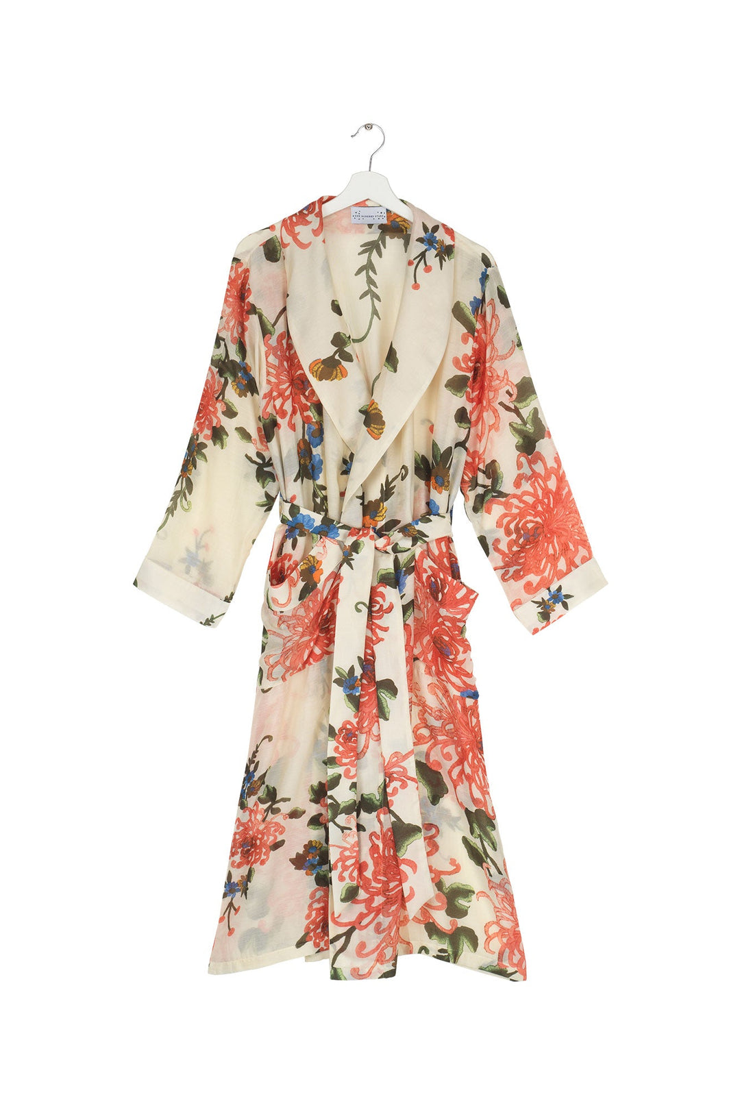 Women's loungewear lightweight gown in ecru with chrysanthemum print by One Hundred Stars