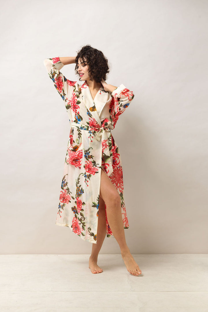 Women's loungewear lightweight gown in ecru with chrysanthemum print by One Hundred Stars