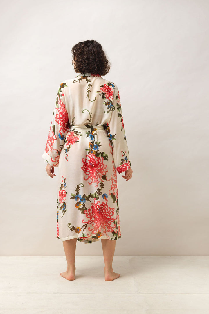 Women's loungewear lightweight gown in ecru with chrysanthemum print by One Hundred Stars