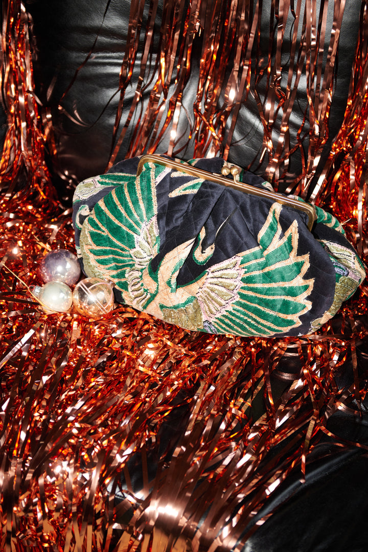 Crane Emerald Quilted Velvet Kiss Lock Bag