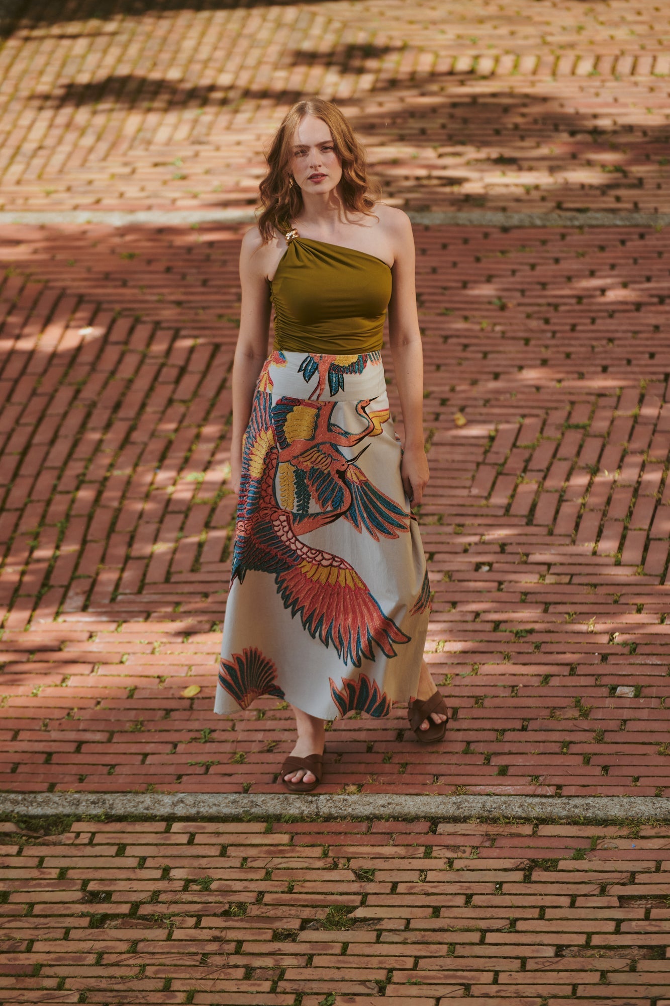 【美品】Crane Pattern Hand Printed Skirt Crane Stone A-line Maxi Skirt – One Hundred Stars USA