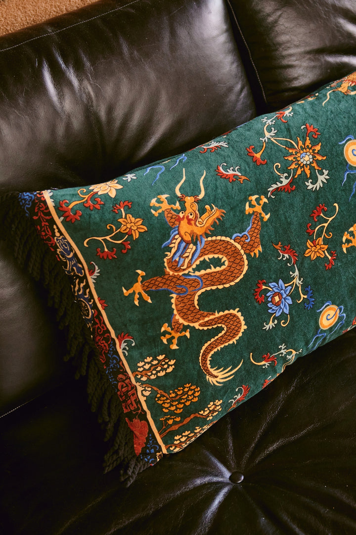 Dragon Green Rectangle Velvet Cushion