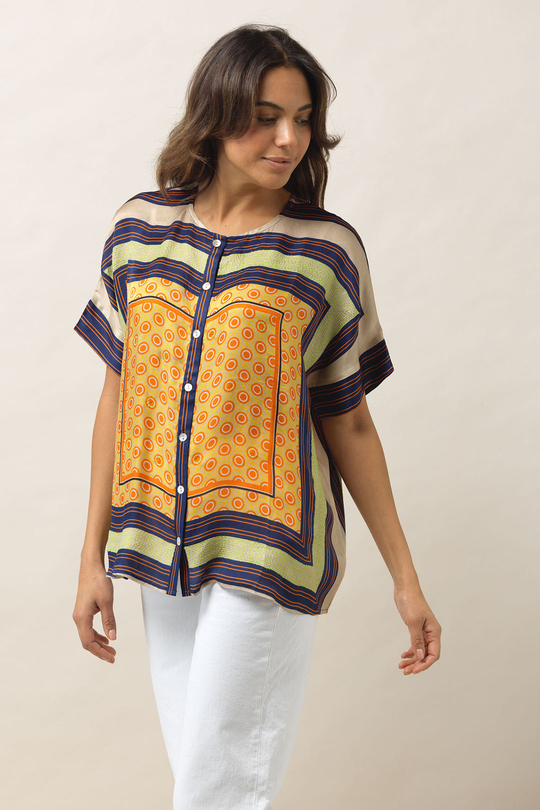 Geometric Amarillo Gold Silk Tea Blouse