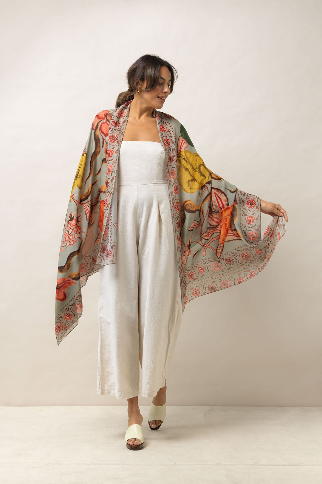 Women's accessories, gifts for her. Large scarf in green with floral joy print by One Hundred Stars