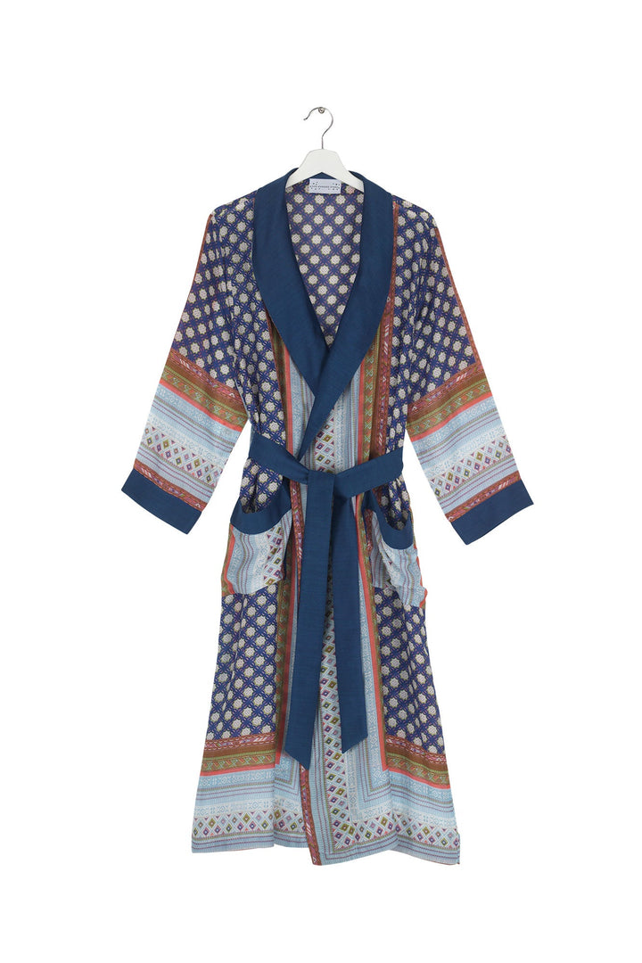 Women's loungewear gown in indigo with moorish print by One Hundred Stars