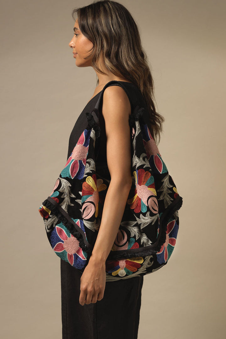 Embroidered Black Velvet Slouch Bag