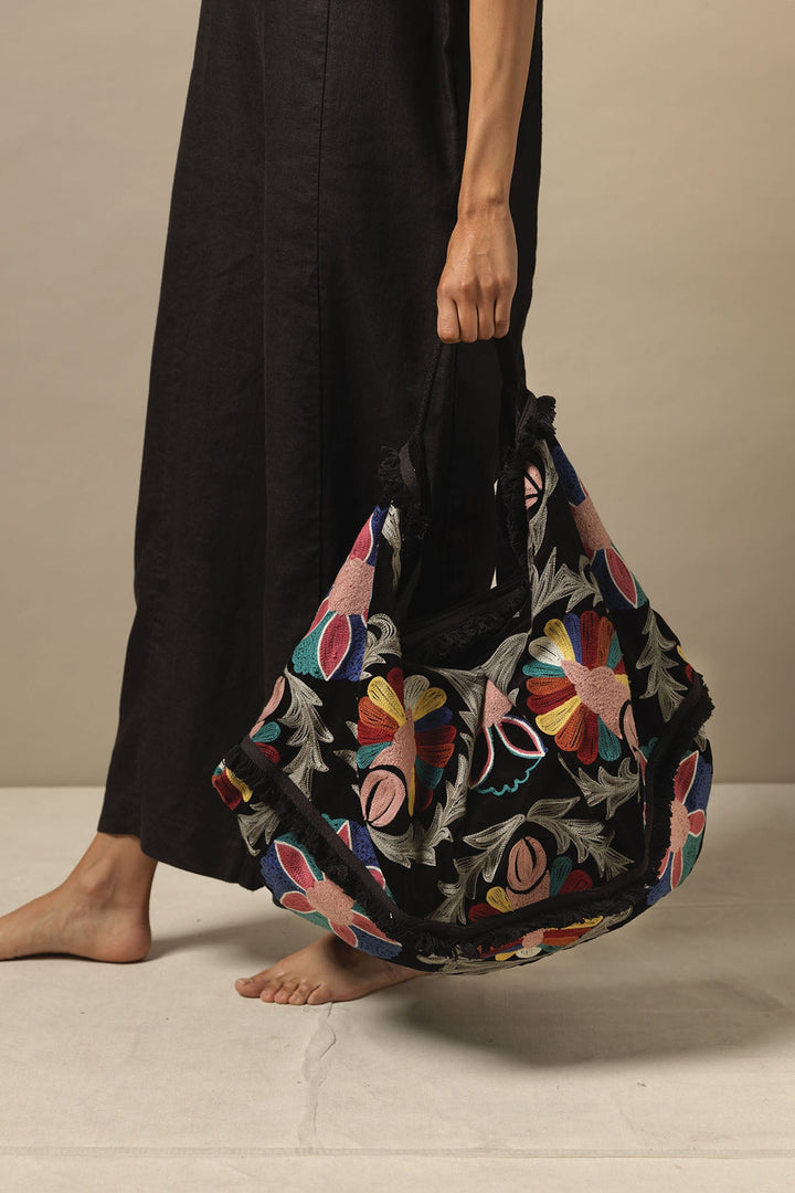 Embroidered Black Velvet Slouch Bag