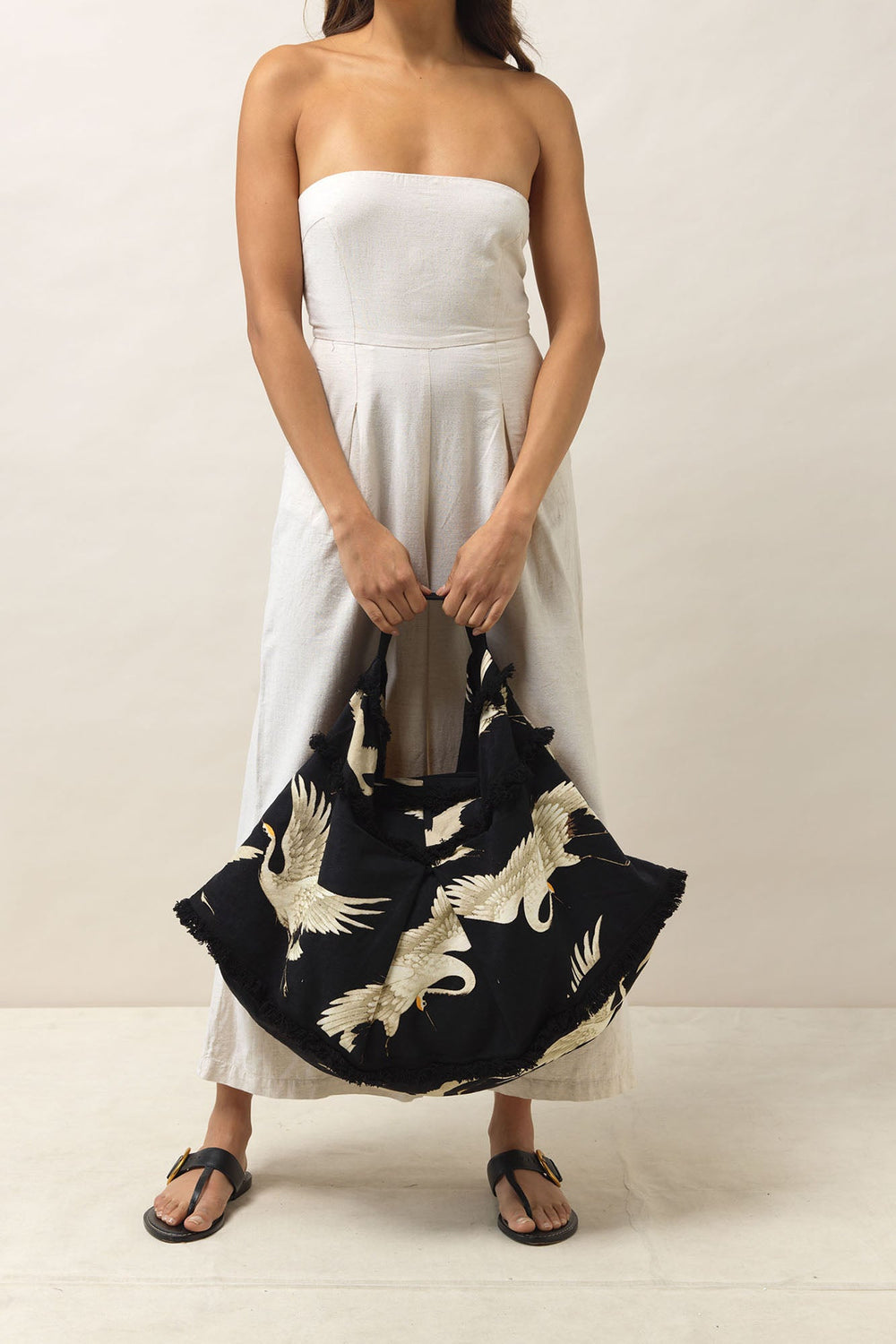 ladies large slouch bag cotton Stork Black Print by One Hundred Stars
