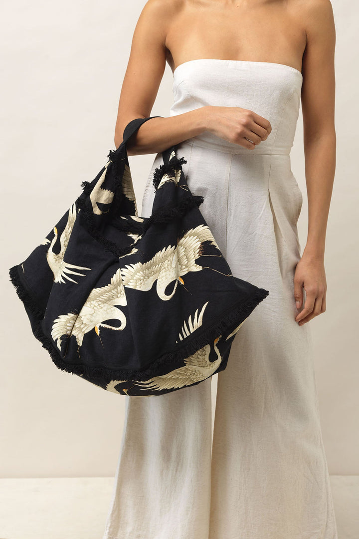 ladies large slouch bag cotton Stork Black Print by One Hundred Stars