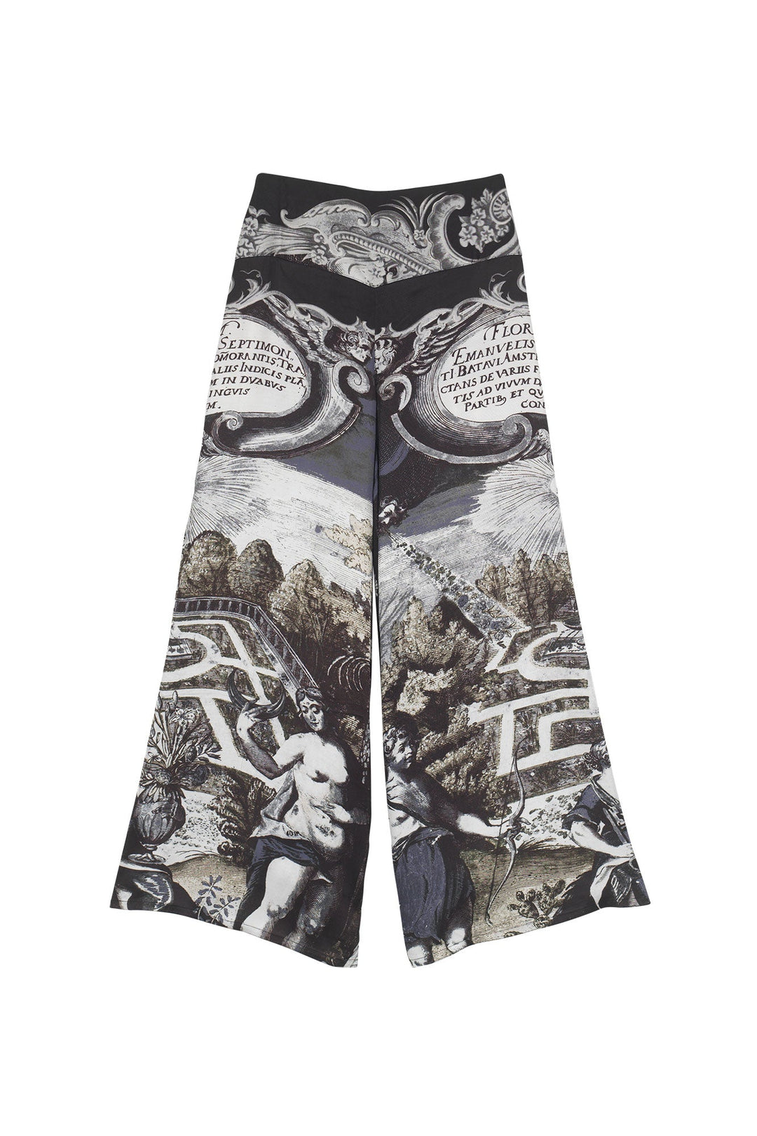 Women's satin palazzo trouser pants in sunburst grey and black print by One Hundred Stars