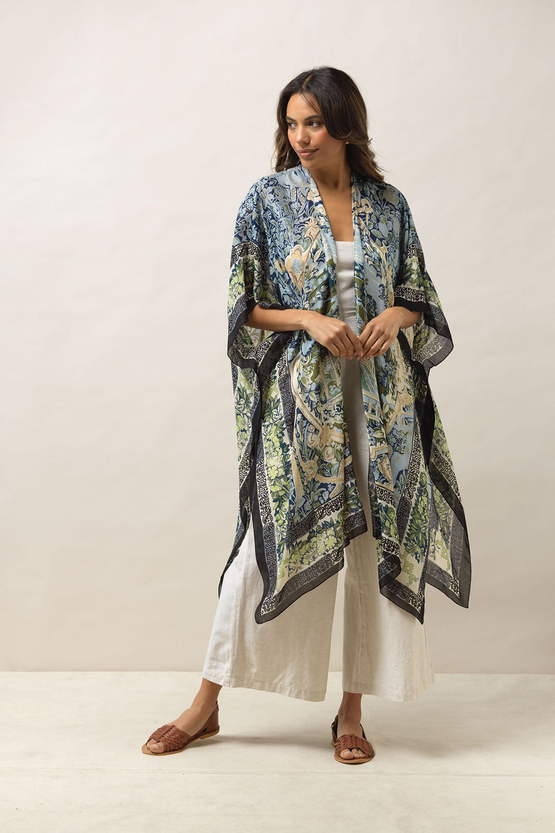 Women's lightweight throwover shawl in tapestry sea blue print by One Hundred Stars