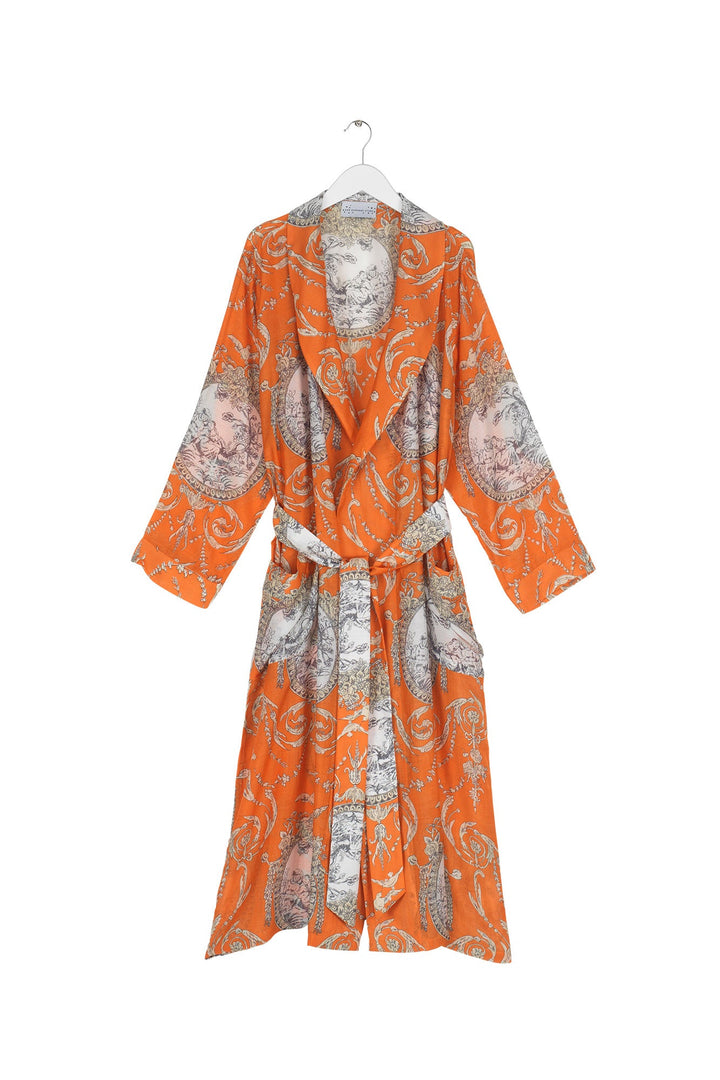 Women's loungewear gown in orange with valentine floral print by One Hundred Stars