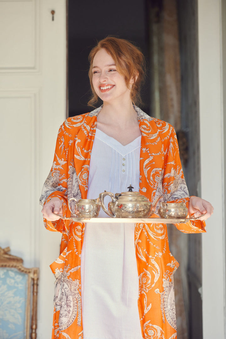 Women's lightweight loungewear gown in orange with a valentine print by One Hundred Stars