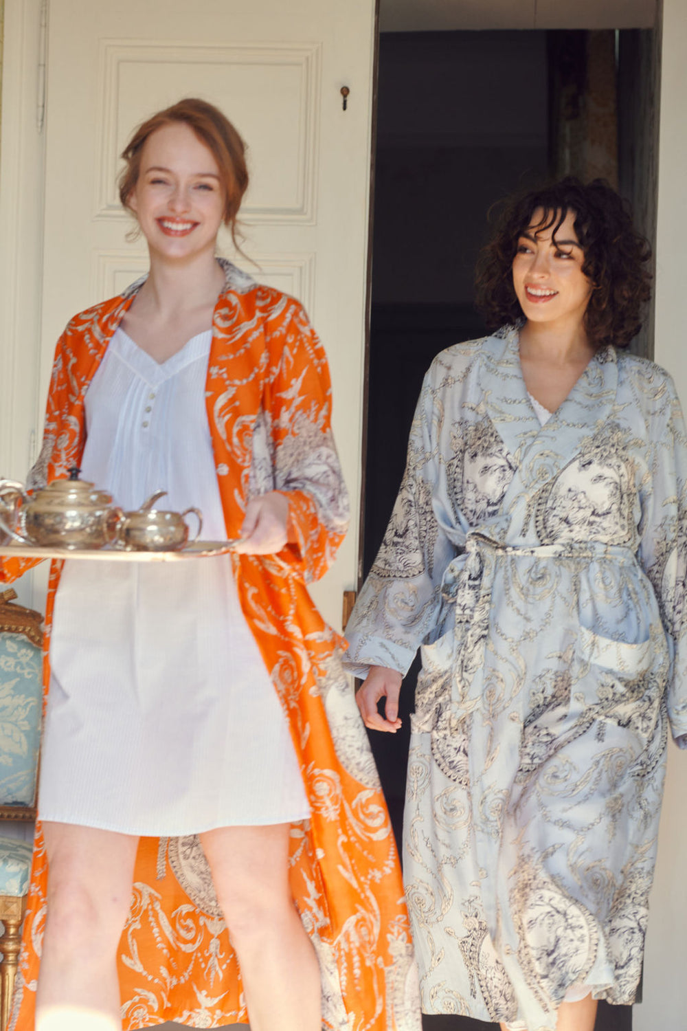 Women's lightweight loungewear gown in orange with a valentine print by One Hundred Stars