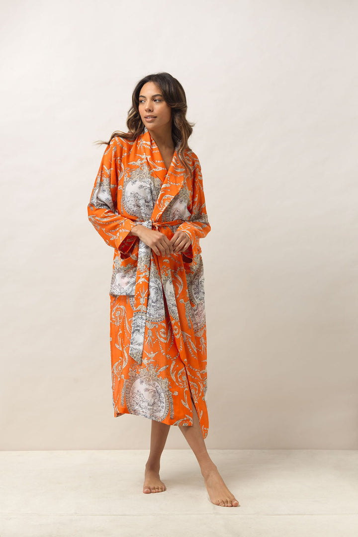 Women's loungewear gown in orange with valentine floral print by One Hundred Stars