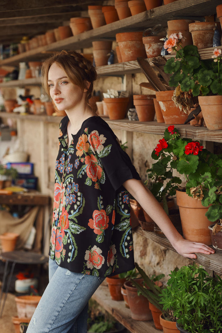 Women's short sleeve button up blouse in black with woven flower print by One Hundred Stars
