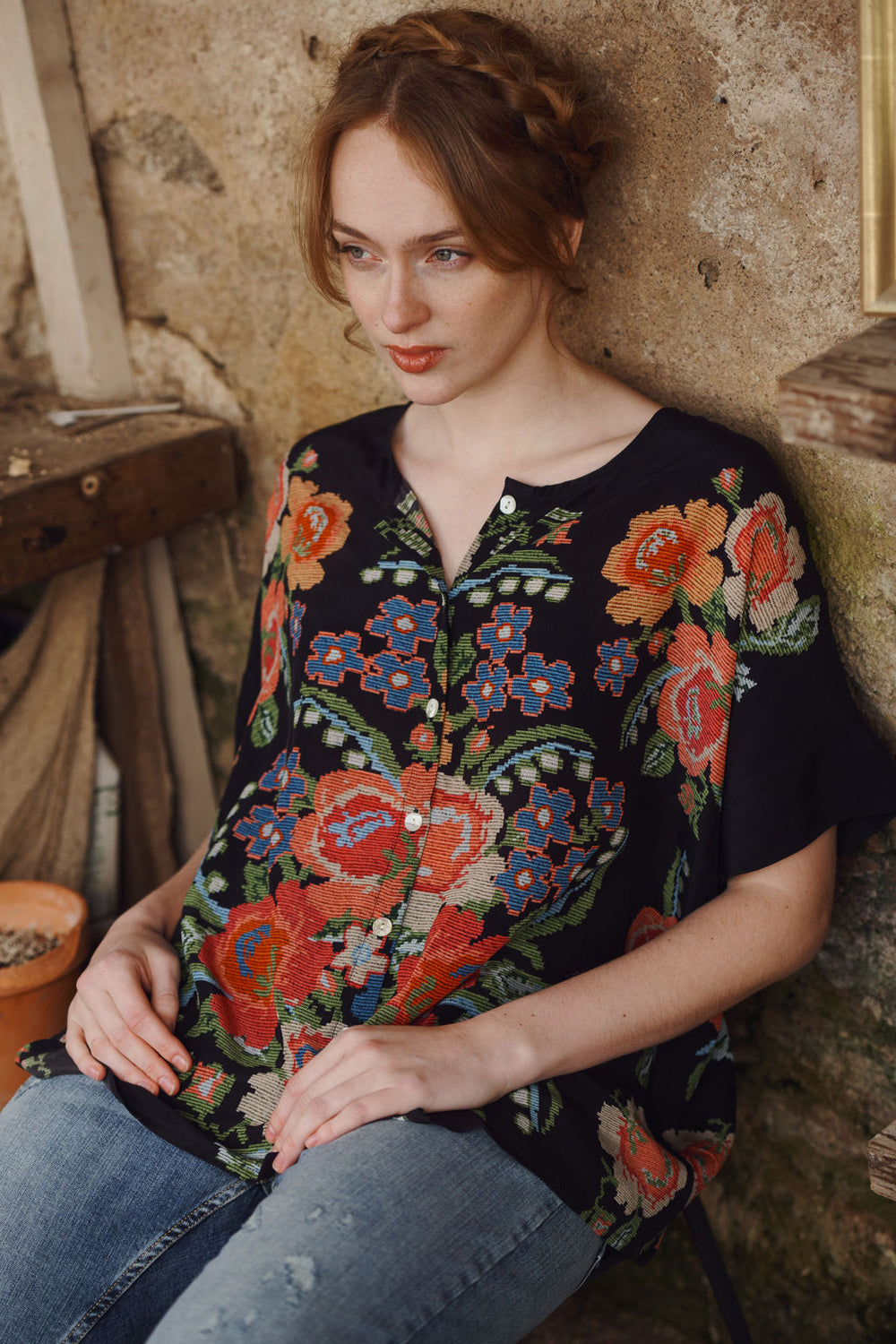Women's short sleeve button up blouse in black with woven flower print by One Hundred Stars