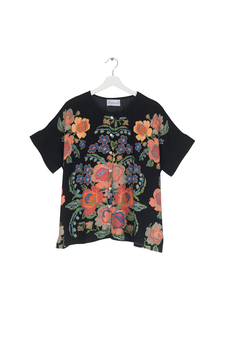 Women's short sleeve button up blouse in black with woven flower print by One Hundred Stars