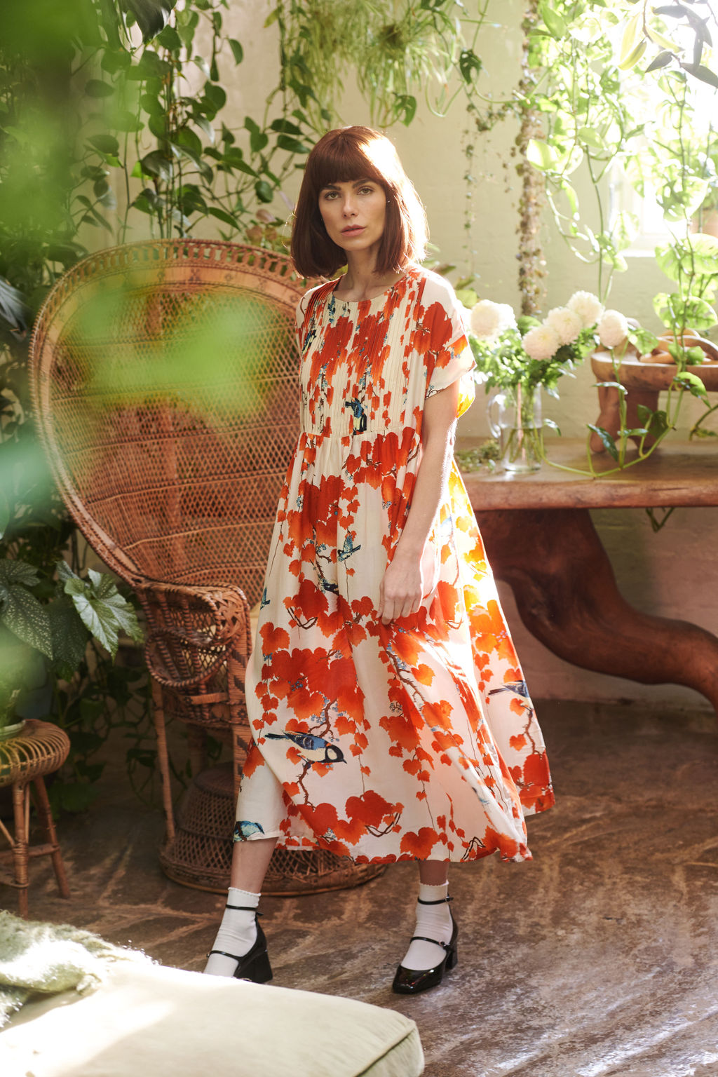 One Hundred Stars Pleated Smock Dress with red acer print 