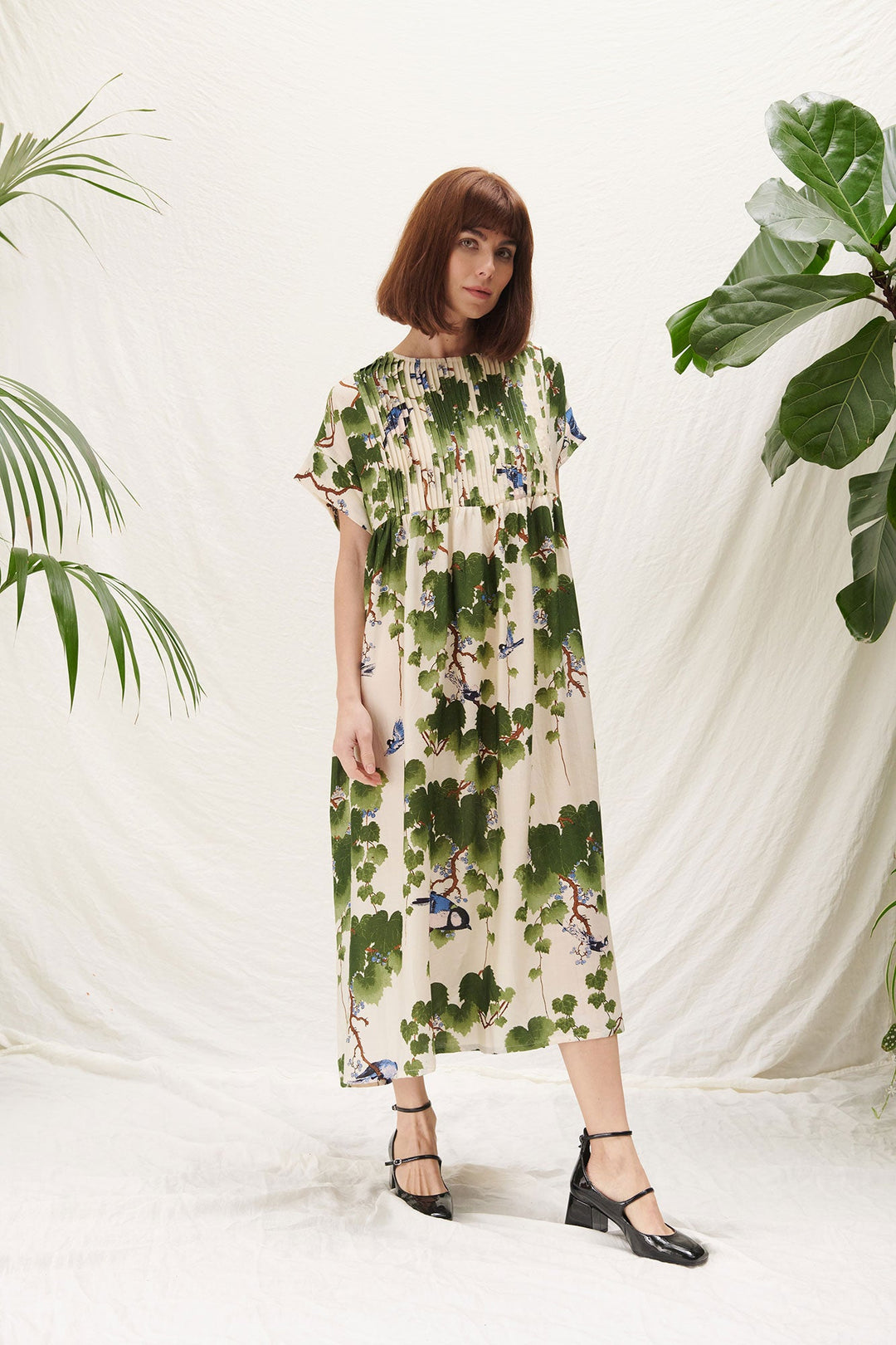 leafy green printed smock dress by one hundred stars