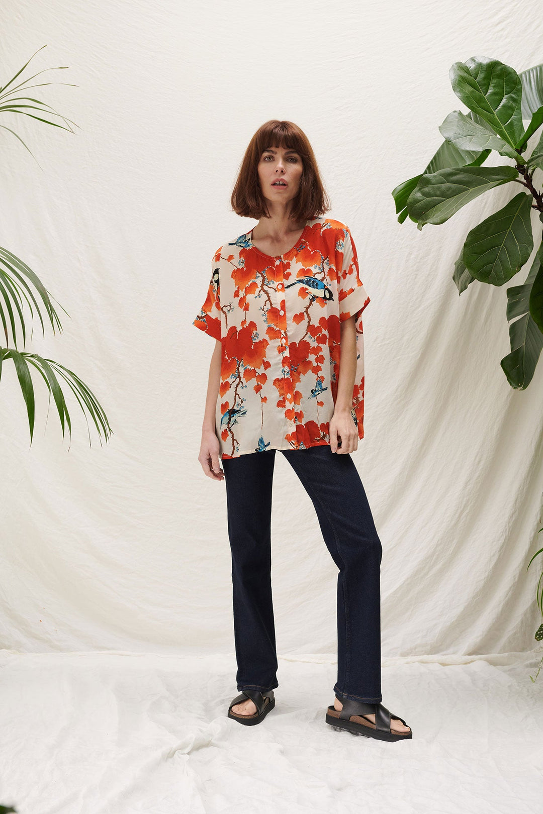 button up blouse with red Japanese maple print by one hundred stars