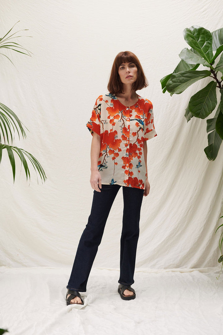 casual tea blouse with red print by one hundred stars