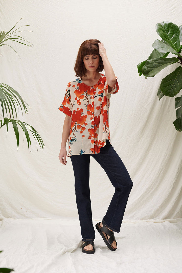 short sleeve tea blouse by one hundred stars with red leafy print