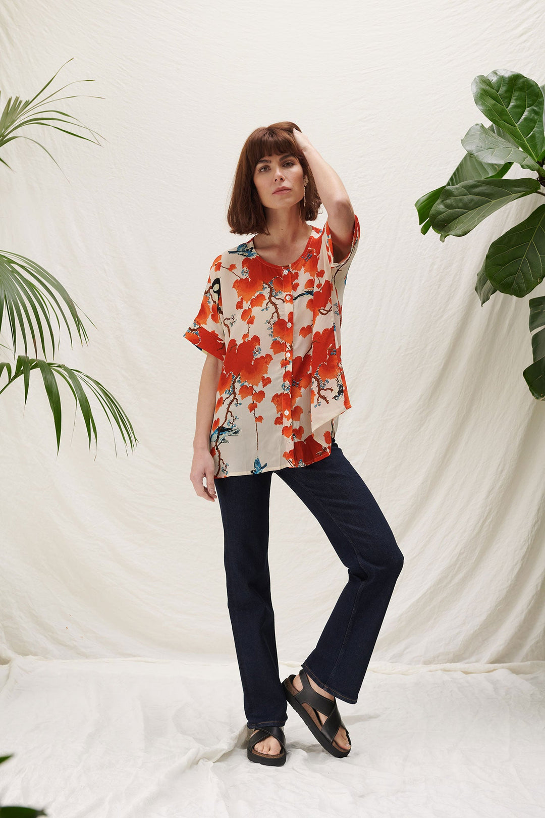 beautiful ethical tea blouse with red leafy print by one hundred stars