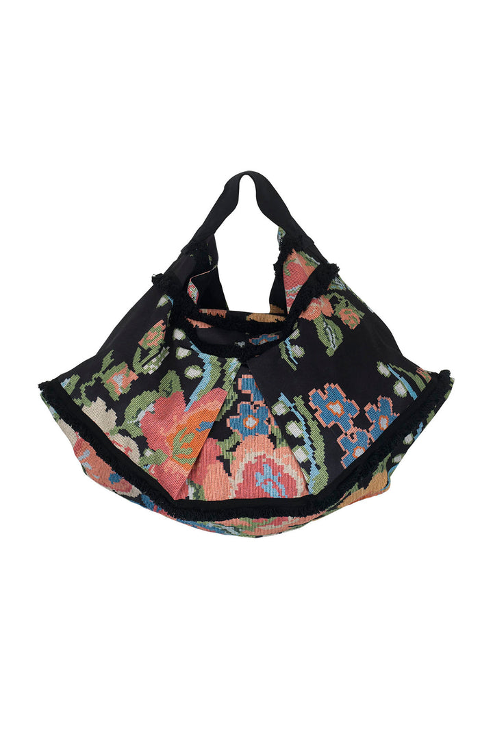 Woven Flower Black Slouch Bag
