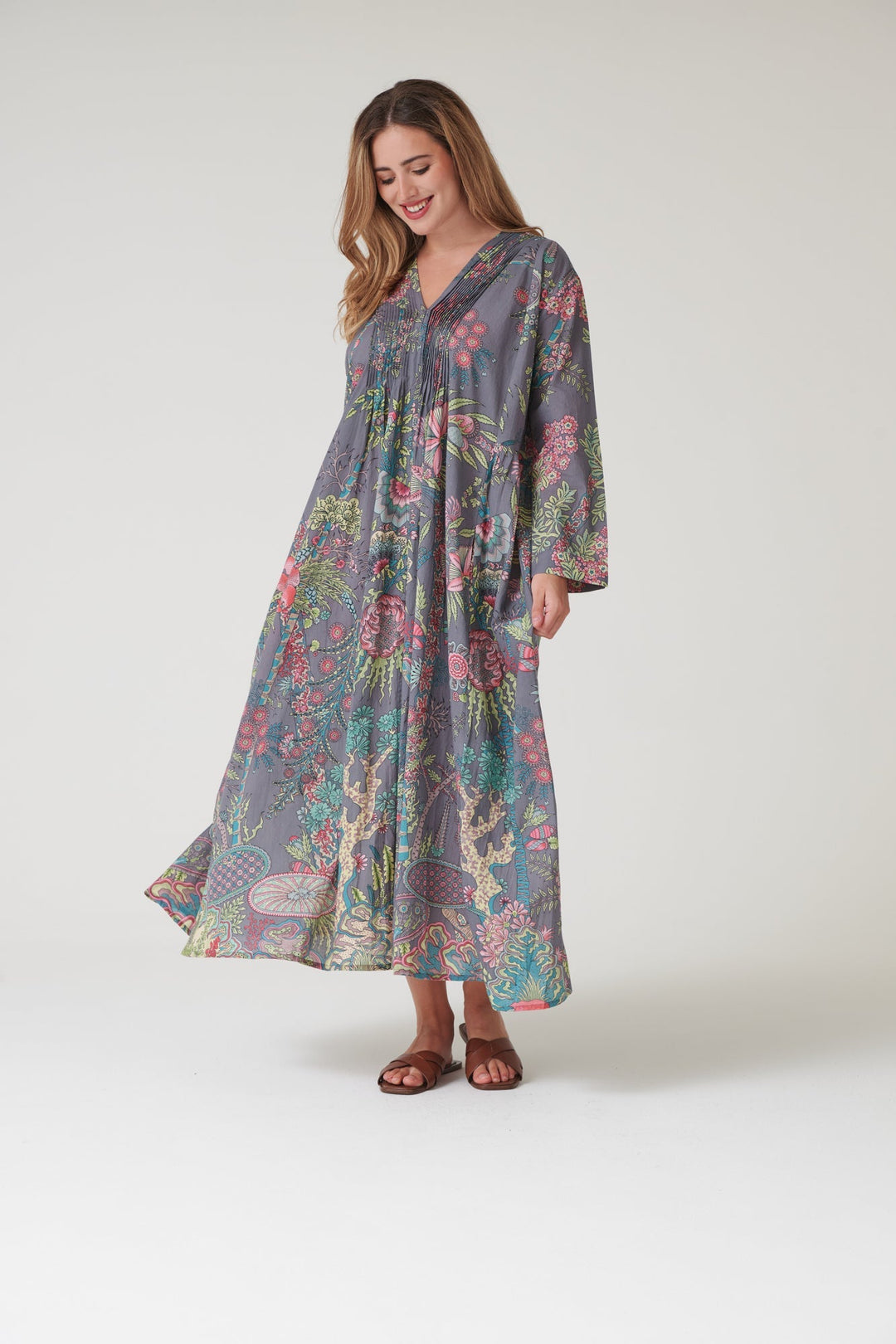 Boho Garden Grey Pinch Pleat Dress One Hundred Stars USA Boho Garden Grey Pinch Pleat Dress One Hundred Stars USA