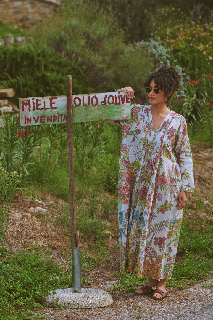 Boho Garden Ecru Pinch Pleat Dress