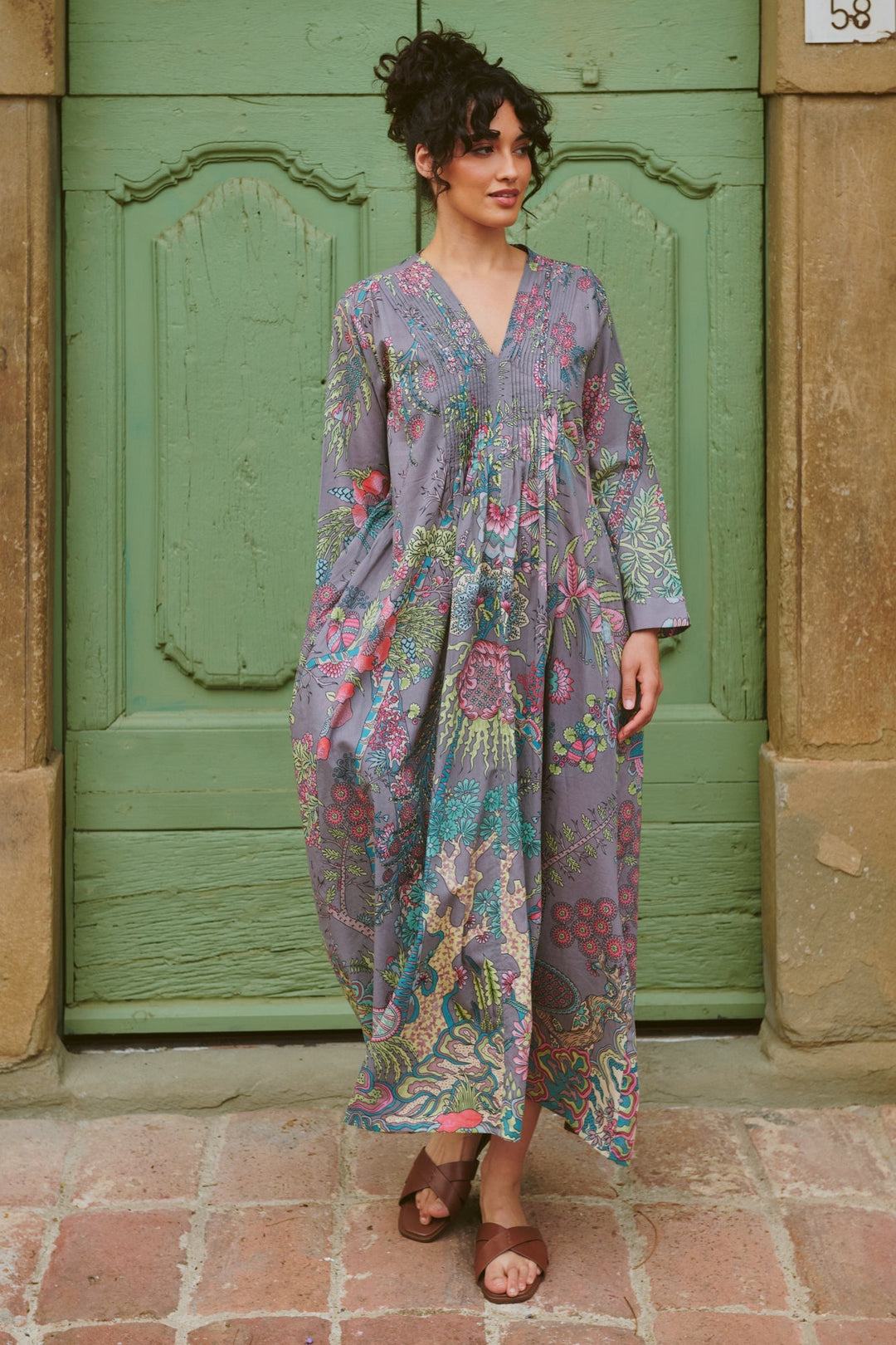 Boho Garden Grey Pinch Pleat Dress