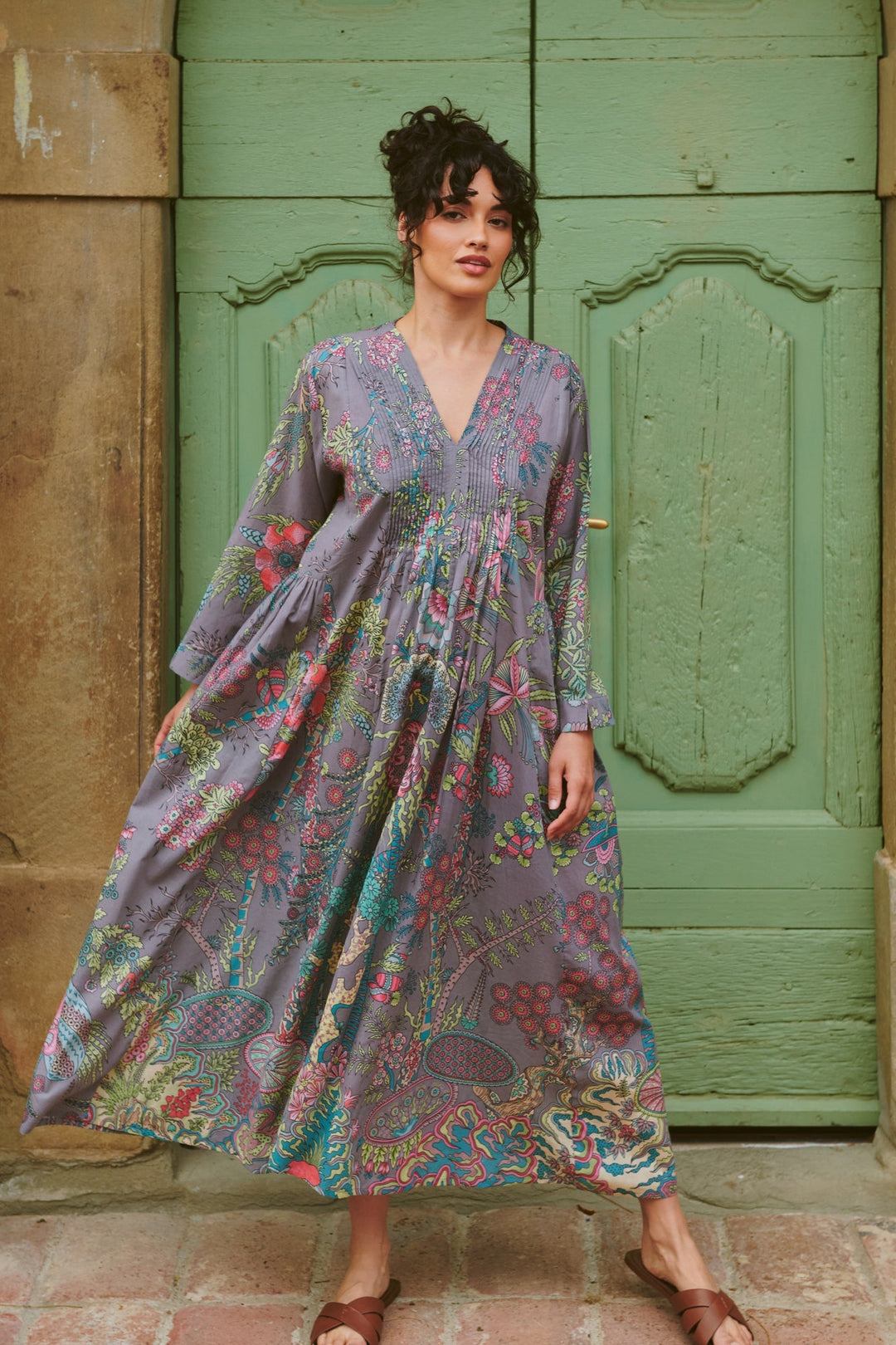 Boho Garden Grey Pinch Pleat Dress One Hundred Stars USA Boho Garden Grey Pinch Pleat Dress One Hundred Stars USA