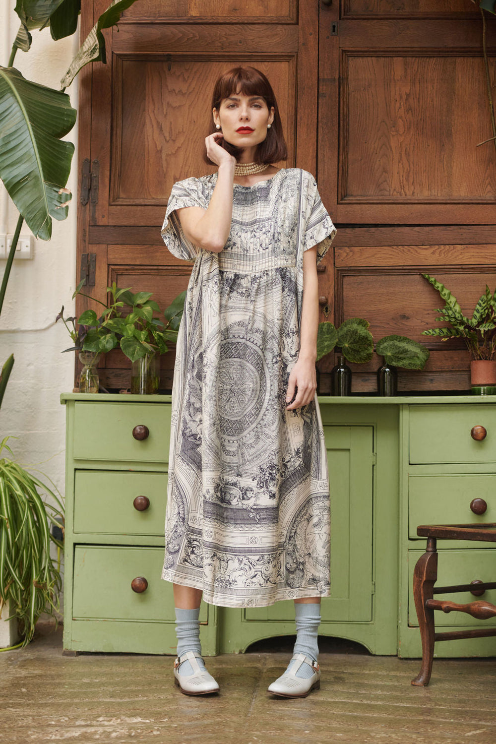 vintage alternative neutral printed pleated smock dress by One Hundred Stars