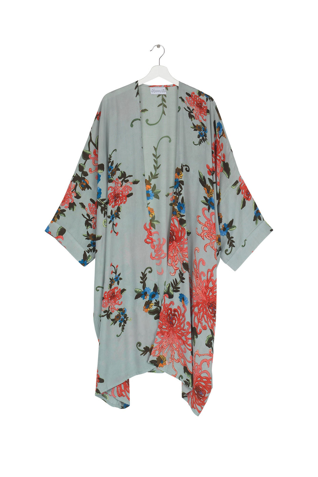 Women's long kimono in aqua with chrysanthemum print by One Hundred Stars