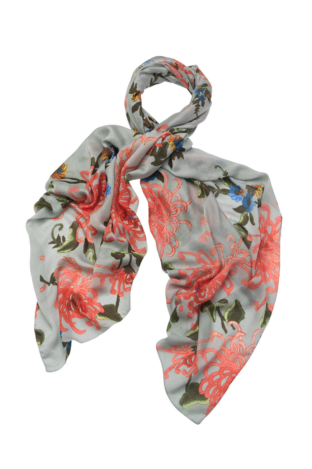 Women's accessories, large scarf in aqua with chrysanthemum print by One Hundred Stars