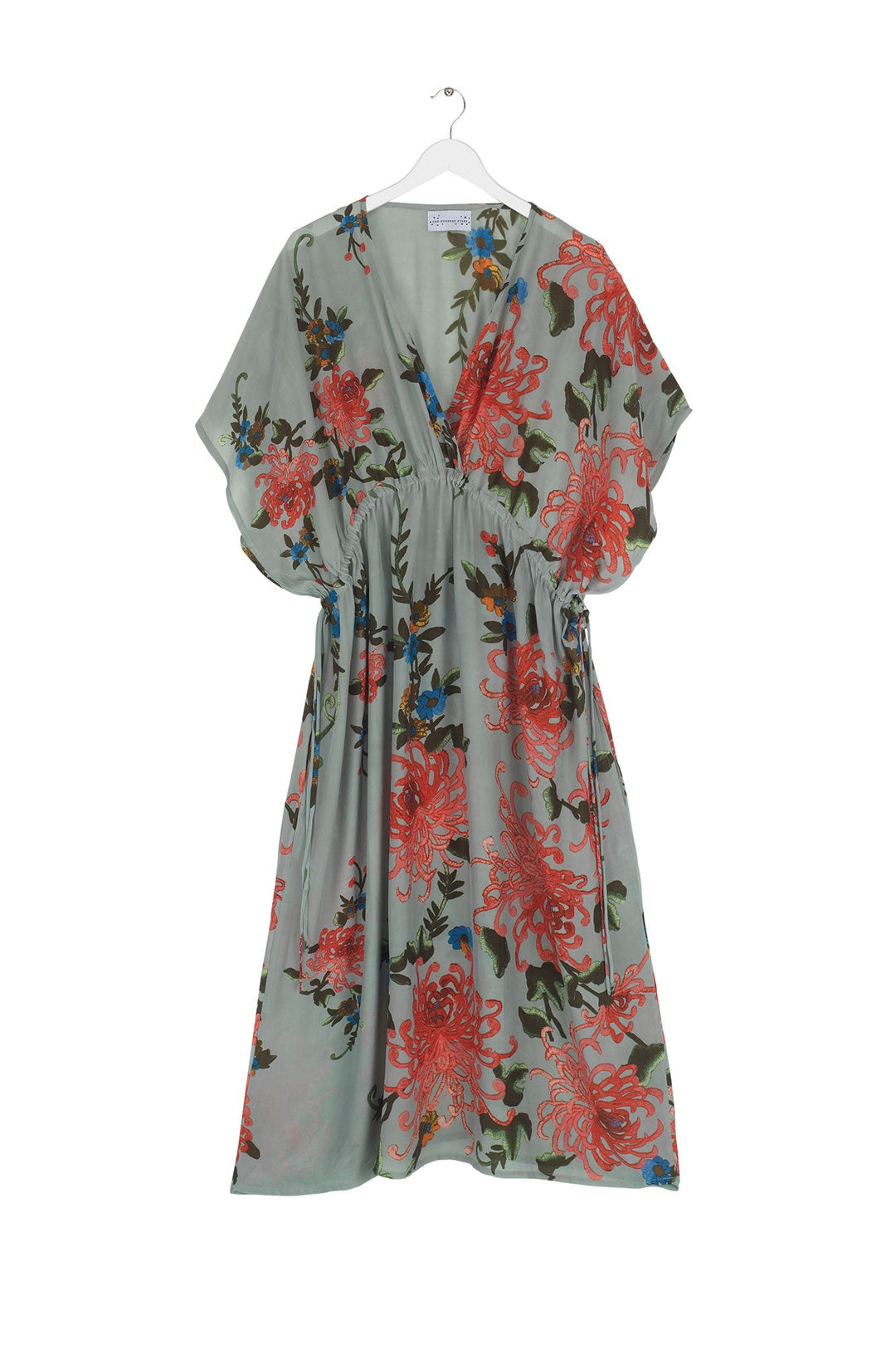 Women's lightweight  beach cover up dress with tie waist in aqua with chrysanthemum print by One Hundred Stars