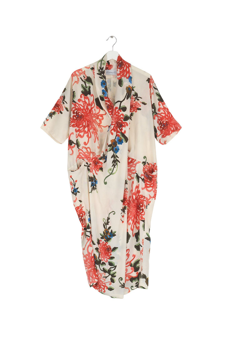 Women's long cowl neck dress with short sleeves in ecru. Chrysanthemum print by One Hundred Stars