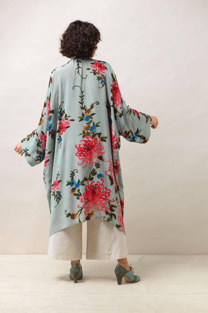 Women's long kimono in aqua with chrysanthemum print by One Hundred Stars