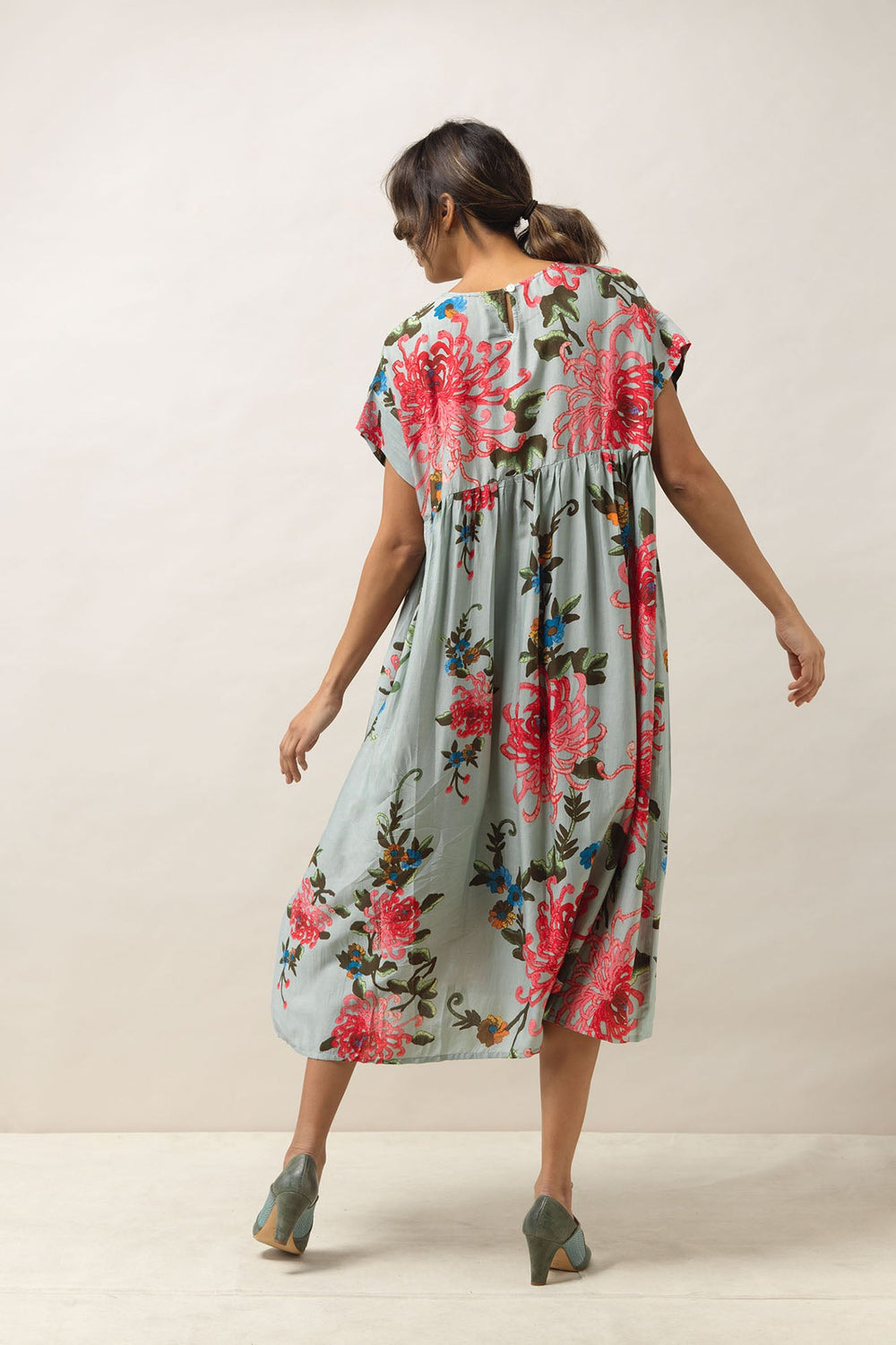 Women's short sleeve pleated dress in aqua with chrysanthemum print by One Hundred Stars