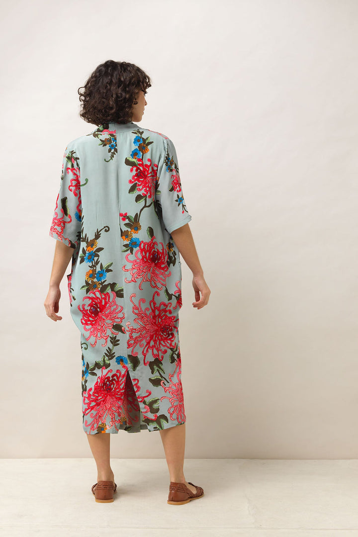 Women's long cowl neck dress with short sleeve in aqua with chrysanthemum print by One Hundred Stars