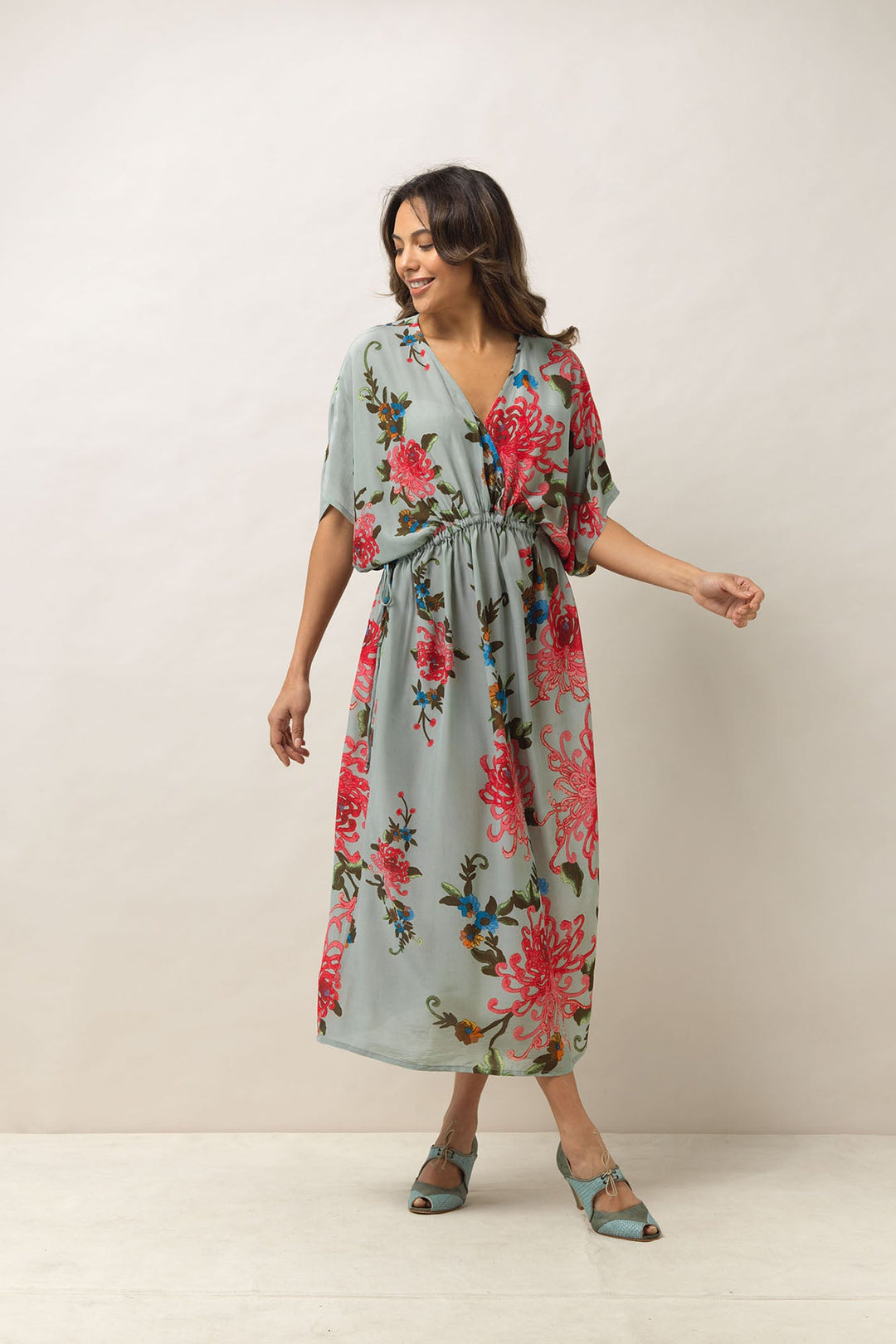 Women's lightweight beach cover up dress with tie waist in aqua with chrysanthemum print by One Hundred Stars