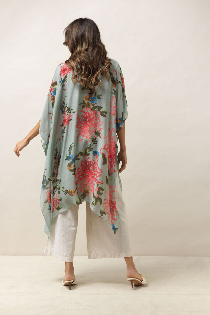 Women's lightweight throwover shawl in aqua with chrysanthemum print by One Hundred Stars